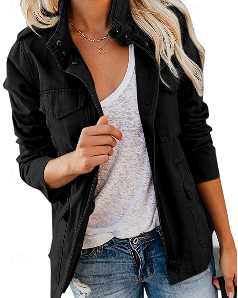 Women's Hoodie Jacket Warm Comfortable Zipper Pocket Casual Plain Vacation Daily Zipper Regular Turndown Regular Fit Long Sleeve Outerwear Black Khaki Army Green Fall Winter 2025 - $48.99 –P1