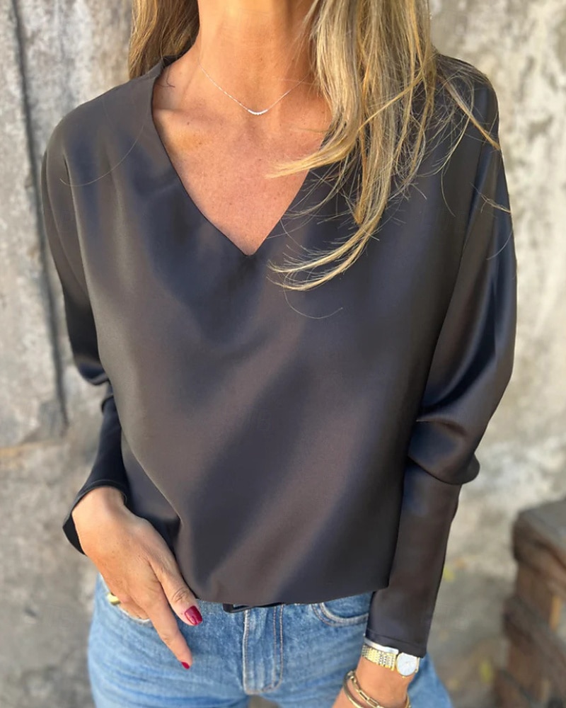 Damen Hemd Bluse Einfach Modern Lässig Langarm V Ausschnitt Normale Oberteile Täglich Ausgehen Schwarz Champagner Braun Aprikose Grau Herbst 2025 - $21.99 –P6
