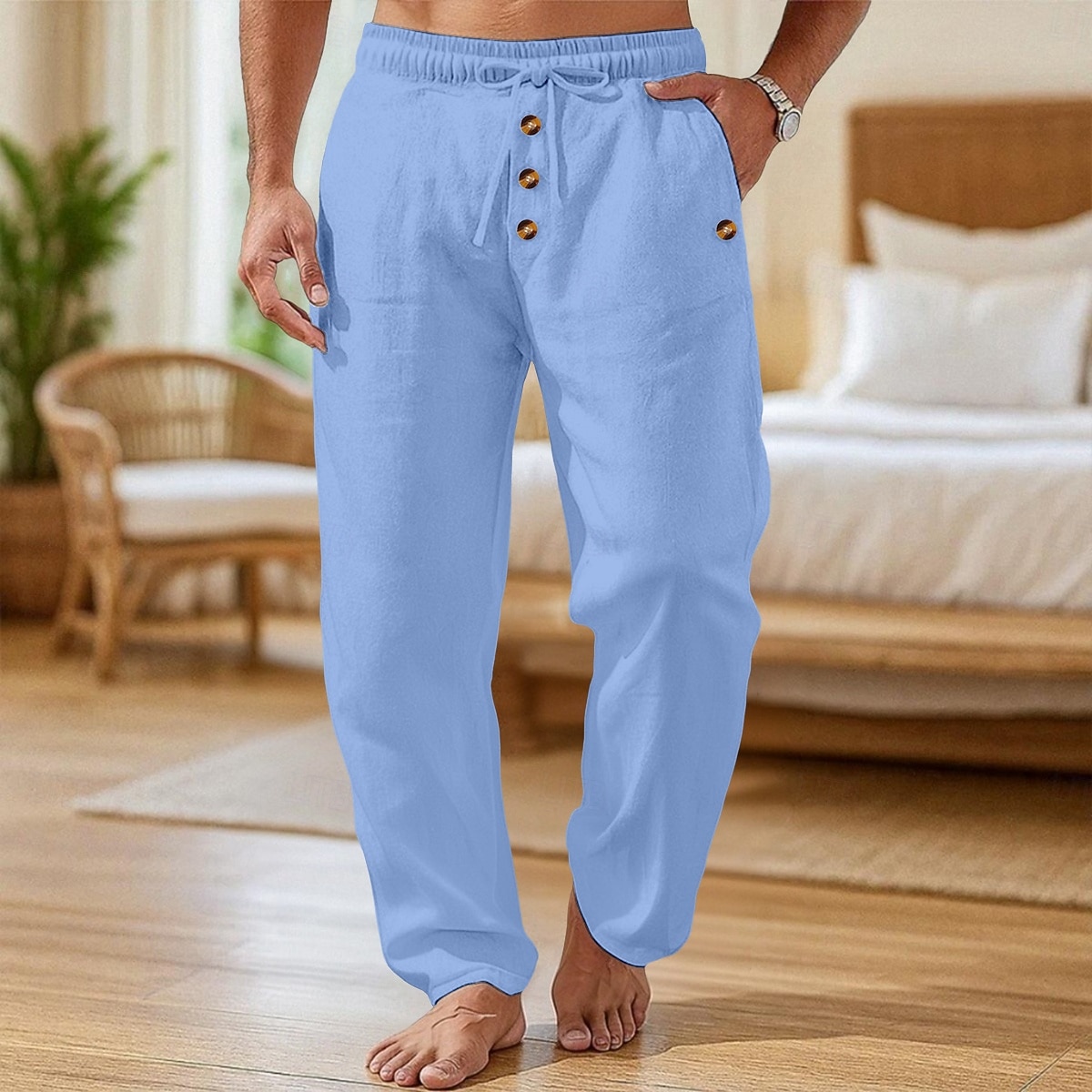 Men's Linen Pants Trousers Summer Pants Baggy Pants Beach Pants Drawstring Elastic Waist Buttons Plain Comfort Breathable Full Length Casual Daily Home Vacation Fashion Loose Fit Black White 2026 - $24.99 –P6