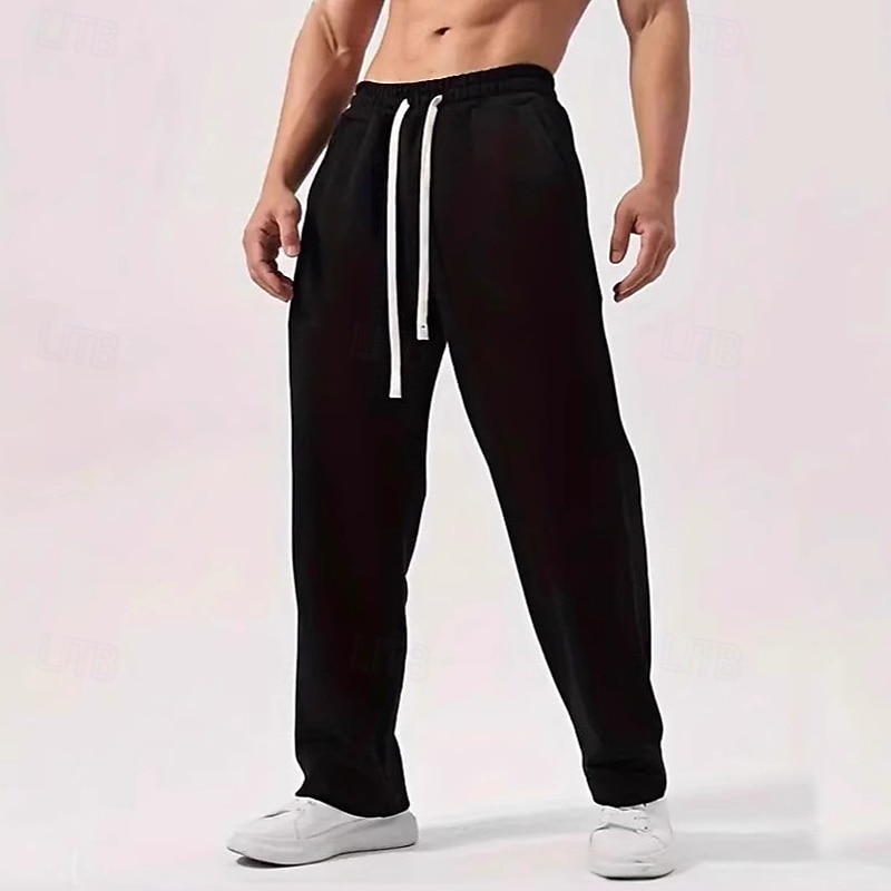 2025年 男性用 スウェットパンツ ワイドレッグスウェットパンツ ズボン オープンボトムスウェットパンツ ドローストリング 弾性ウエスト まっすぐな足 平織り 吸汗性 高通気性 全長 アウトドア カジュアル 日常 ファッション ストリートファッション ブラック ライト  コレクション – $16.49 –P2