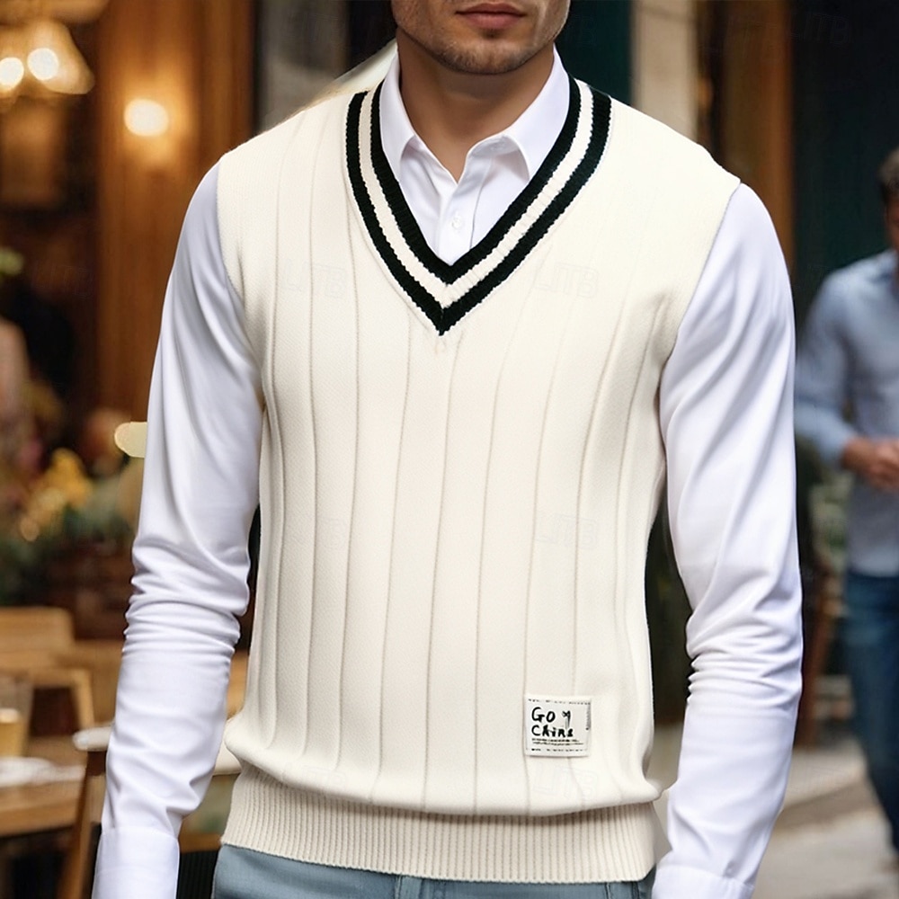 Herren Pullunder Kleid Pullover Pullover Weste Strickpullover Gerippt Stricken Normale Oberteile Gestrickt Einfach V Ausschnitt Mode Lässig Urlaub Alltagskleidung Bekleidung Herbst Winter Schwarz Weiß 2026 - $39.99 –P7