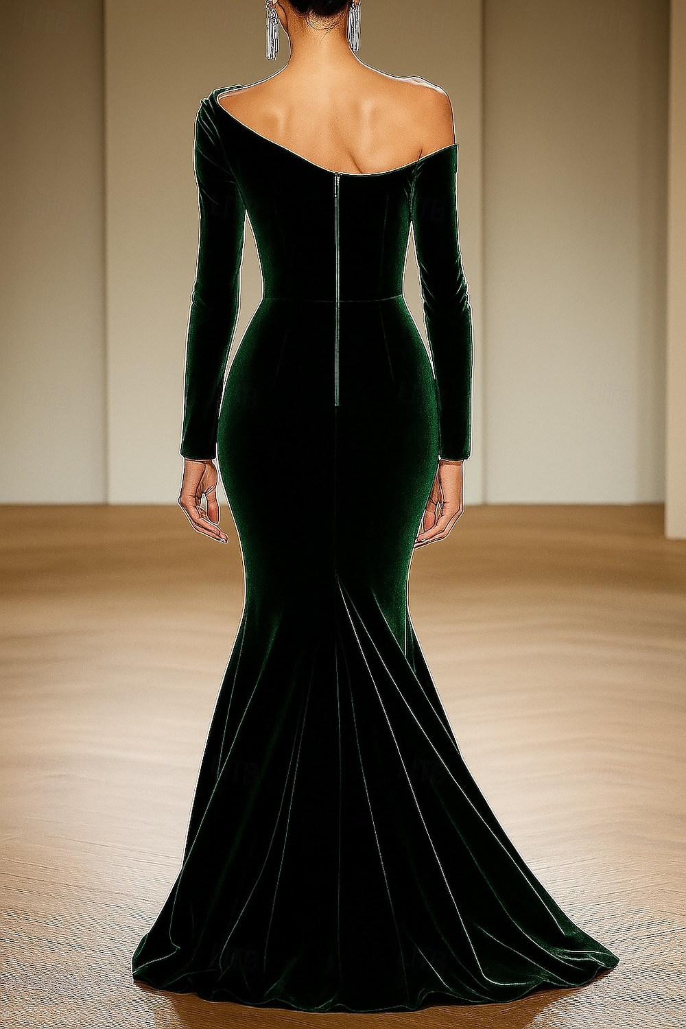 grün schwarz Meerjungfrau/Trompete Abendkleid elegantes Kleid formelle Hochzeit bodenlang langarm schulterfrei Samt mit Falten 2025 2025 - $149.99 –P2