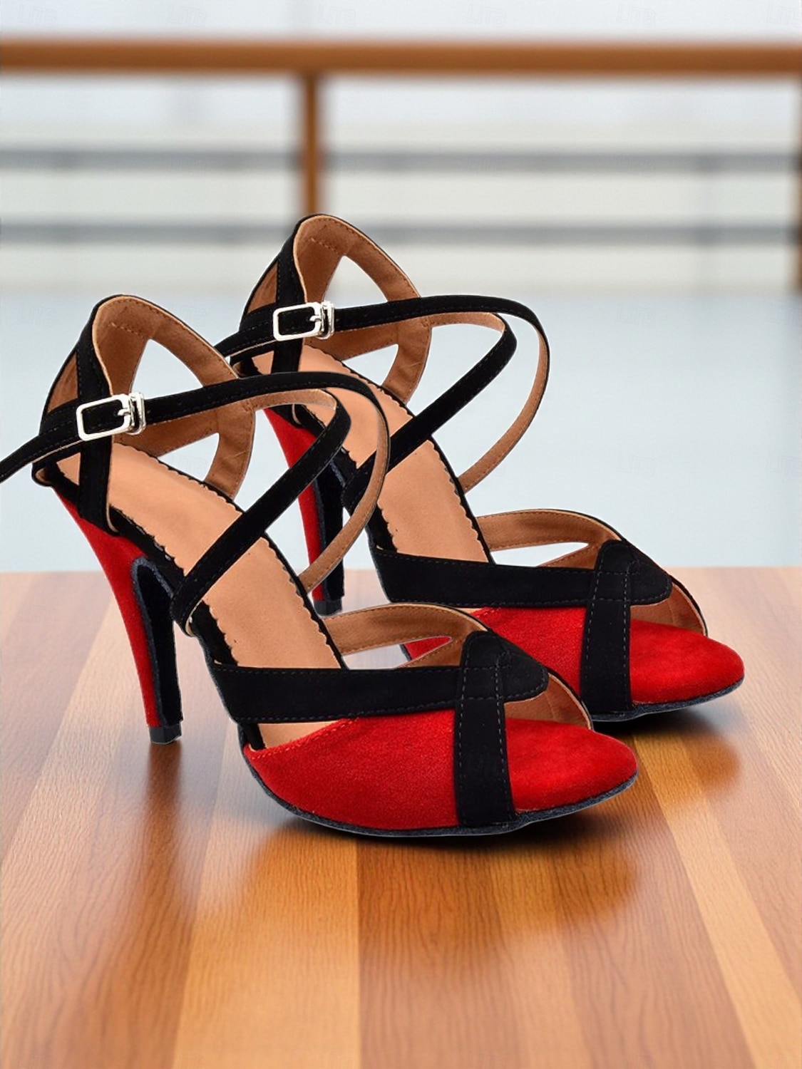 Chaussures de danse latine pour femmes en daim bleu et noir avec brides croisées, bout ouvert, talon haut - Chaussures de performance de salon professionnelles pour les compétitions et l'entraînement de 2025 ? $46.99 –P5