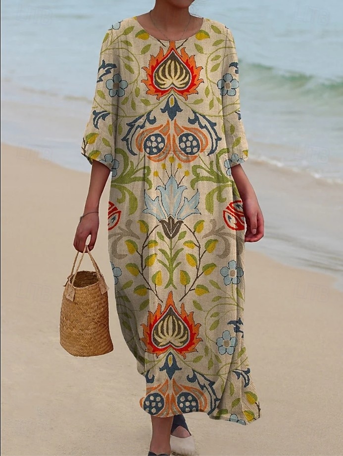 Kvinnors Maxiklänning Kaftan 3/4 Lång Ärme Crew Neck Avslappnad Shift Klänning A-linjeformat Klänning Klänning Boho Daglig Semester Dejtdress Blommig Grafisk Mörk Gul Ljus Rosa Gul Ljus Grön 2025 - $41.99 –P3