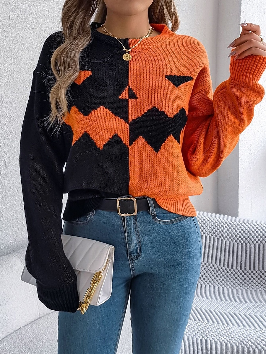 Maglione da donna Halloween con zucca casual morbido grafica colletto a coste maniche lunghe top regolari lavorato a maglia arancione khaki autunno inverno pre-autunno del 2025 a $31.99 –P4