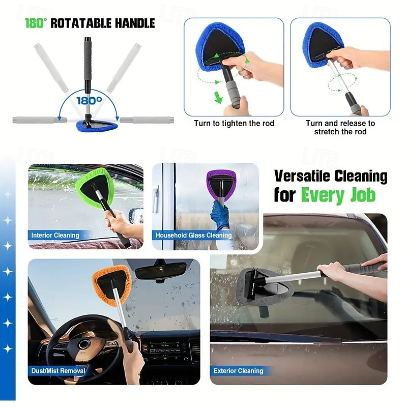 Ferramenta de limpeza de para-brisas de microfibra 5 em 1 para carro, cabo extensível com 4 almofadas reutilizáveis, limpador de vidros automotivos para janelas internas e externas de 2025 por $17.99 –P1