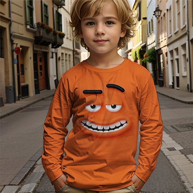 Pojkar tecknat roligt leende ansikte t-shirt långärmad 3D-tryck höst vintermode grundläggande barn 4-12 år rund hals utomhus casual daglig normal passform 2025 - $13.99 –P5
