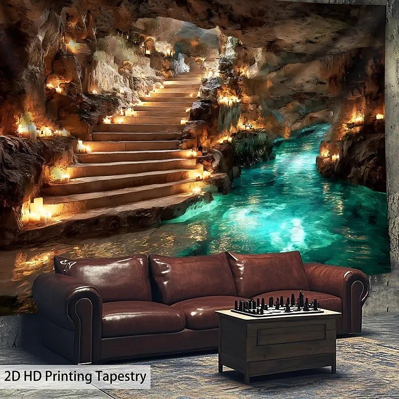 Extra großer Wandteppich zum Thema Höhlenerkundung mit HD-Untergrund-Stalaktitendecke und türkisfarbener Flusslandschaft als Wandkunst, knitterfreies Polyester-Hängedekor für Wohnzimmer, Schlafzimmer, 2026 - $16.99 –P1