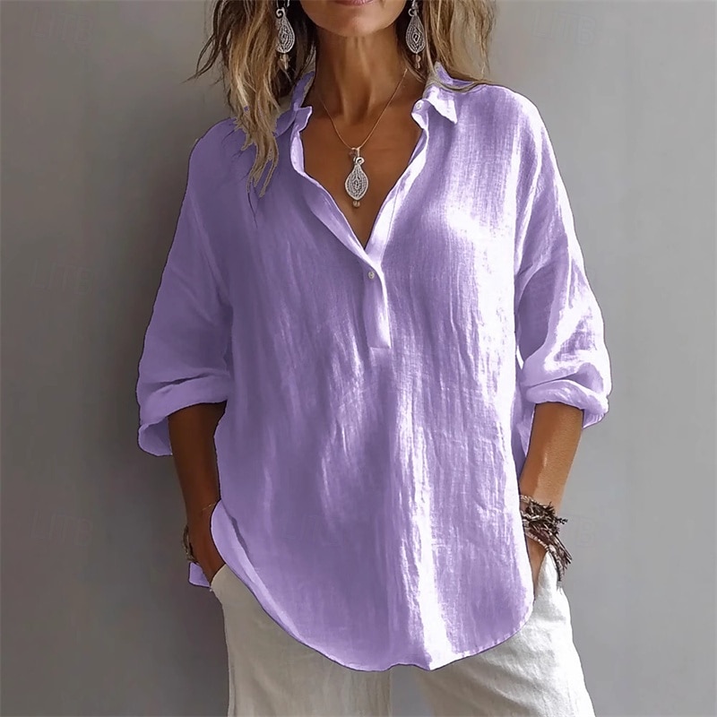 Per donna Camicia Camicia di lino Semplice Elegante Moderno Manica Lunga Colletto a Camicia Top Regolari Quotidiano Ferie Bottoni Bianco Rosa Viola Verde Primavera Autunno del 2025 a $21.99 –P4