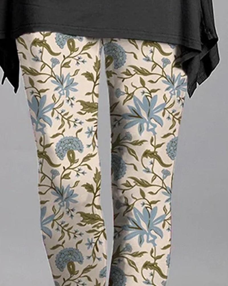 2025年 女性用 パンツ レギンス 心地よいレギンス ストリートファッション カジュアル 全長 ハイウエスト フラワー 弾性ウエスト プリント 通気性 快適 伸縮性あり バケーション ストリート デイリーウェア ホワイト 夏 春 秋 レギュラー  コレクション – $17.99 –P2