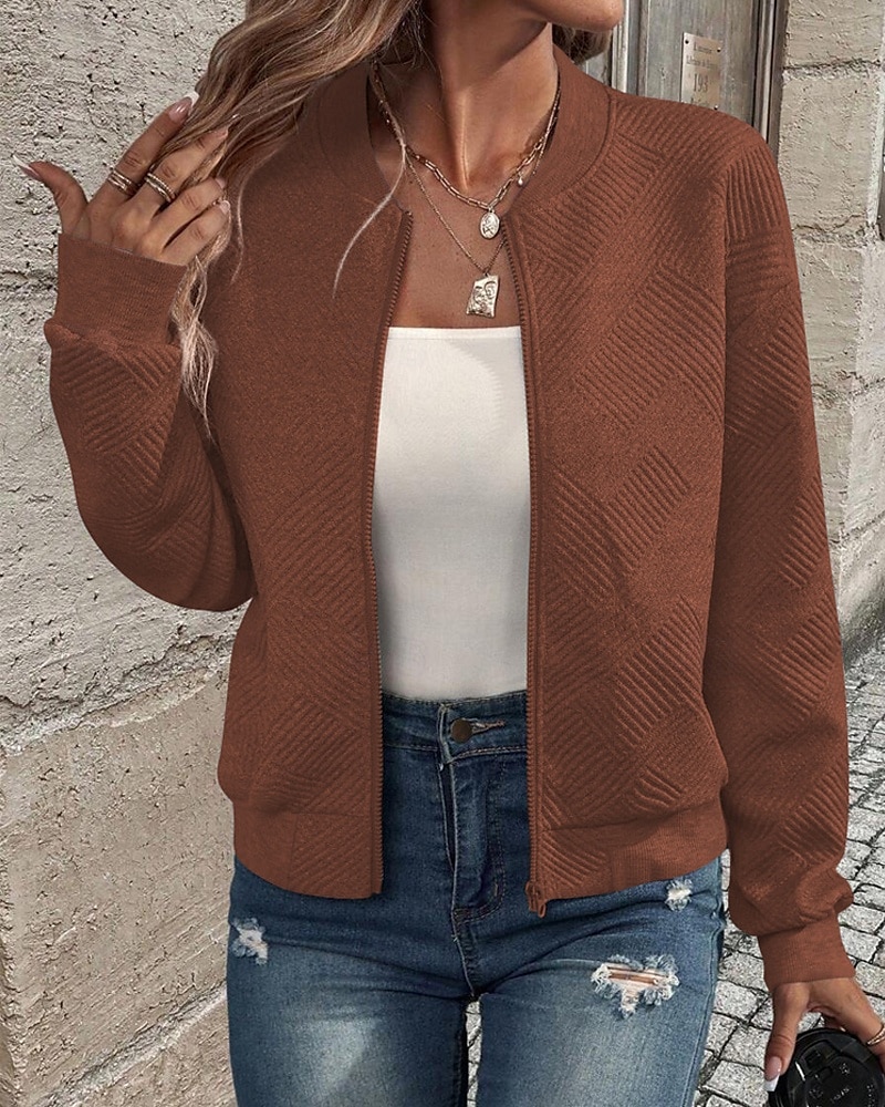 Damen Freizeitjacke Strukturierte Jacken Bequem Reißverschluss Mode Modern Lässig Einfach Ausgehen Wochenende Reisverschluss Regulär Stehkragen Normale Passform Langarm Oberbekleidung Schwarz Wei 2025 - $26.99 –P16