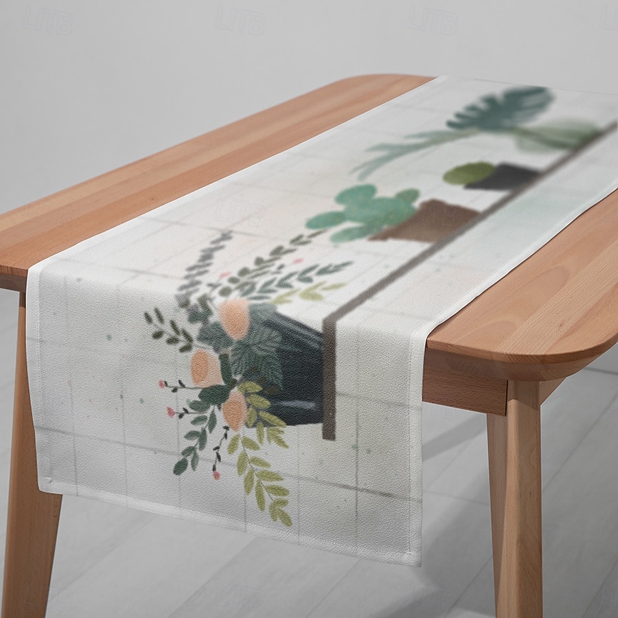 1pc Green Plant Table Runner, Digital Printed Rectangular Tablecloth for Dining Room, Wedding, Banquet, or Party Decoration 2025 - $6.49 –P3