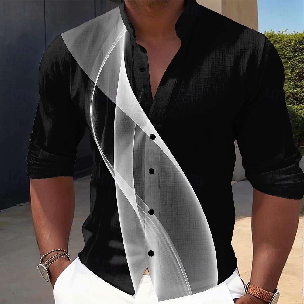 Men's Geometric Gradient Line Shirt Button Up Shirt Stand Collar Shirt Long Sleeve Casual Daily Outdoor Vacation Spring Fall Mandarin Collar Band Collar 3D Print Linen Like Shirt Black Grey Black 2026 - $27.99 –P4