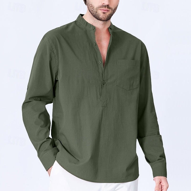 Herren Hemd Stehkragenhemd Popover-Hemd Freizeithemd Schwarz Rote Grün Kaki Hellgrau Langarm Einfarbig Henley Party Ausgehen Fronttasche Bekleidung Mode Sport & Outdoor 2025 - $23.99 –P5