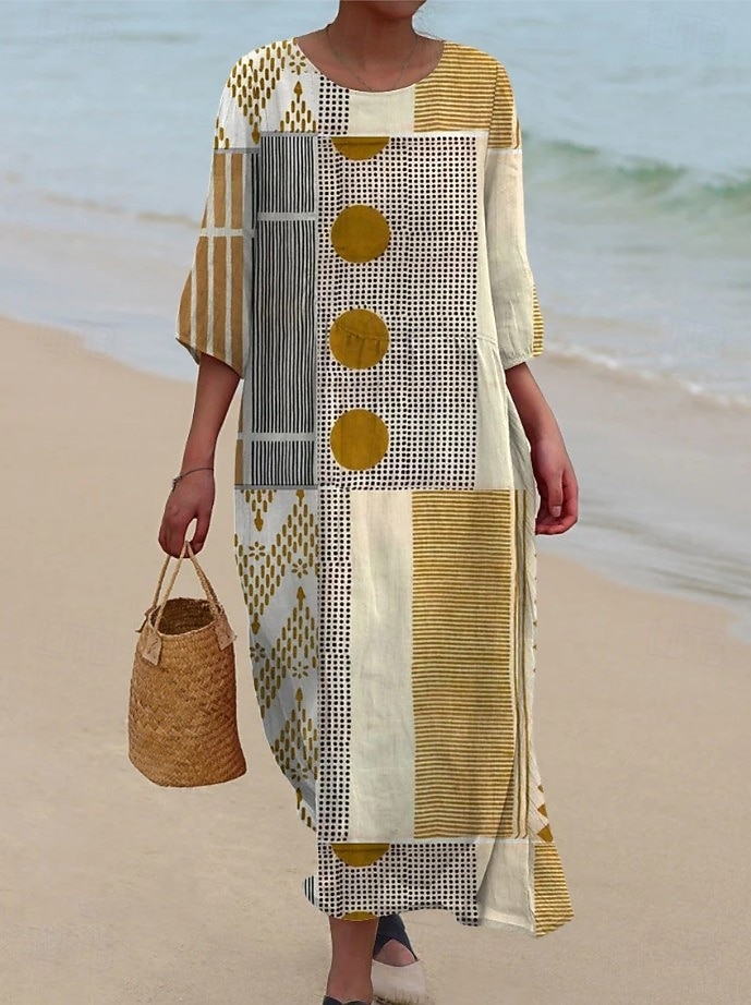 Robe maxi femme Kaftan à manches 3/4 col rond robe décontractée robe shift A-line robe Boho quotidienne rendez-vous sortie géométrique brun foncé jaune rouge violet de 2025 ? $41.99 –P7