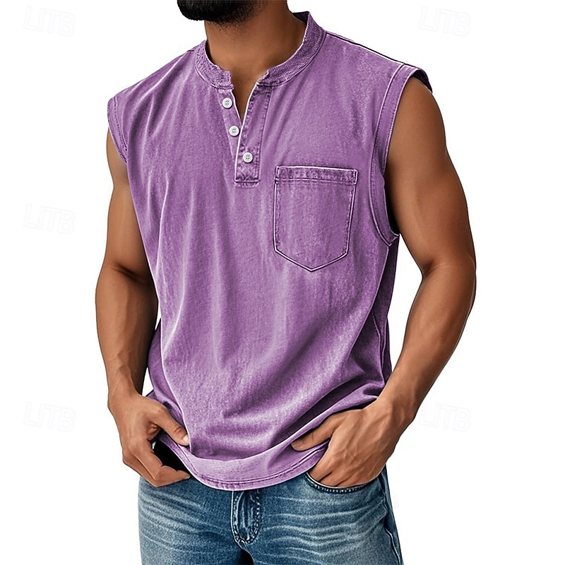 Herren Tank Top Weste Top Unterhemd Ärmellos Shirt Baumwolle Ärmellos Henley Sommer Einfarbig Mode Designer Basic Tasche Knöpfe Urlaub Street Ausgehen Schwarz Hellgrün Rosa Top Tee für Männer 2025 - $22.99 –P1