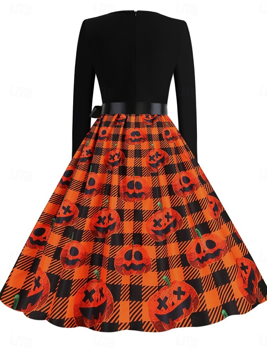 Halloween Femmes Robe Midi Robe trapèze Occasionnel Quotidien Fête Coupe régulière Potiron manche longue Col carré Jaune foncé Noir Jaune Orange Été Printemps Automne de 2025 ? $29.99 –P7