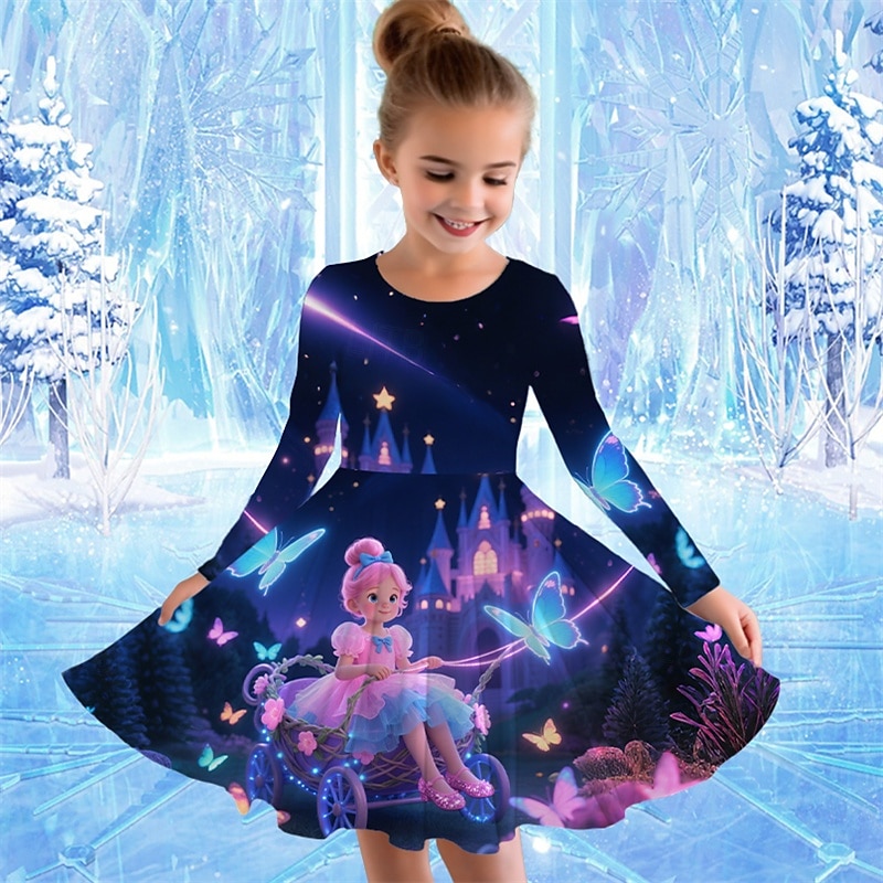 Jenter' 3D Tegneserie Sommerfugl Kjole Langermet Sommer Vår Feriereise Daglig Ferie Prinsesse Vakker Søt Barn 4-12 år Uformell kjole Kjole med A-linje Knelang Normal 2025 - $16.99 –P1