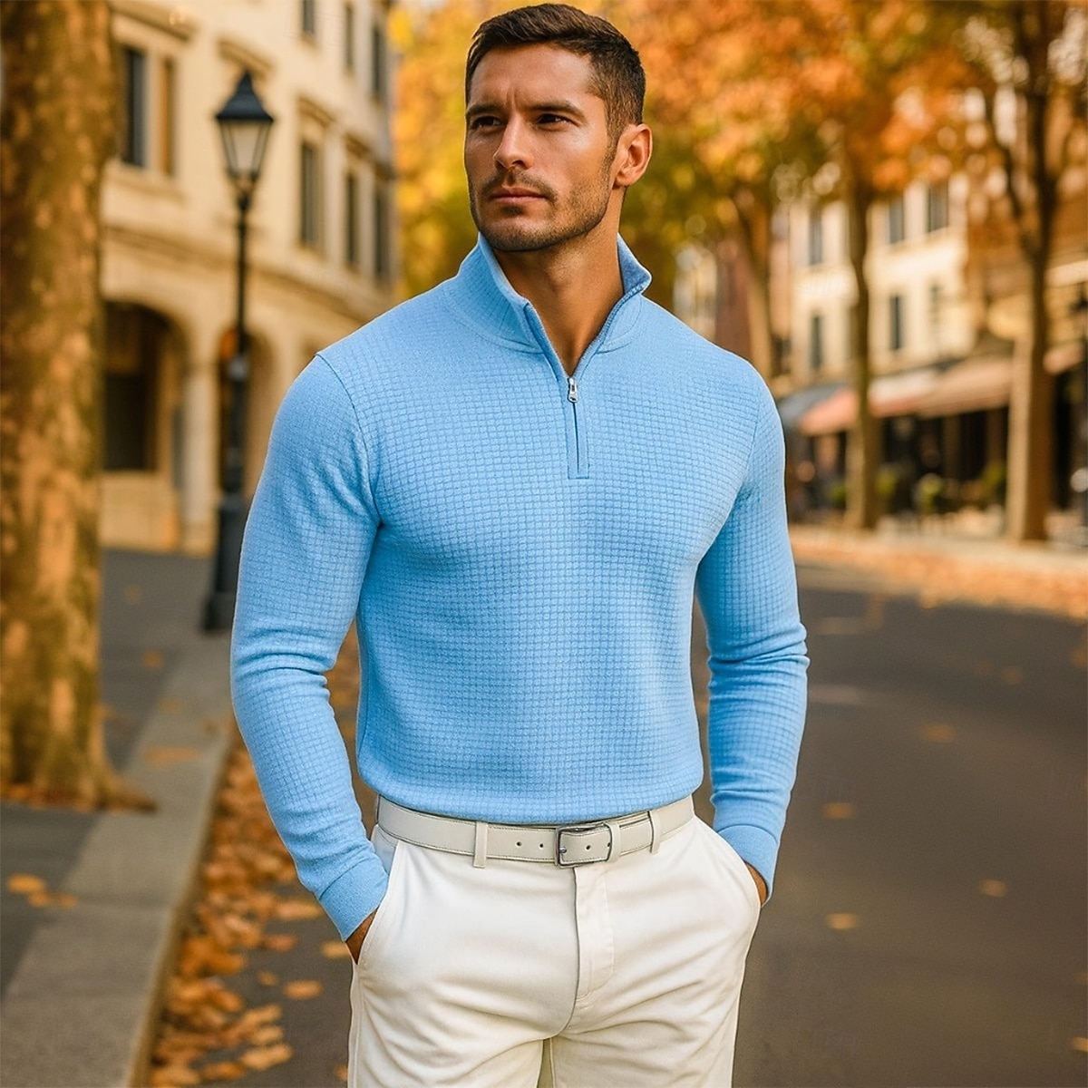 Herr Våffelpikétröjor Quarter Zip Polo Utomhus Casual Fjärdedels blixtlås Långärmad Mode Modern Ensfärgat Stickat Vår Höst Vår & Höst Vit Blå Orange Våffelpikétröjor 2025 - $27.99 –P2