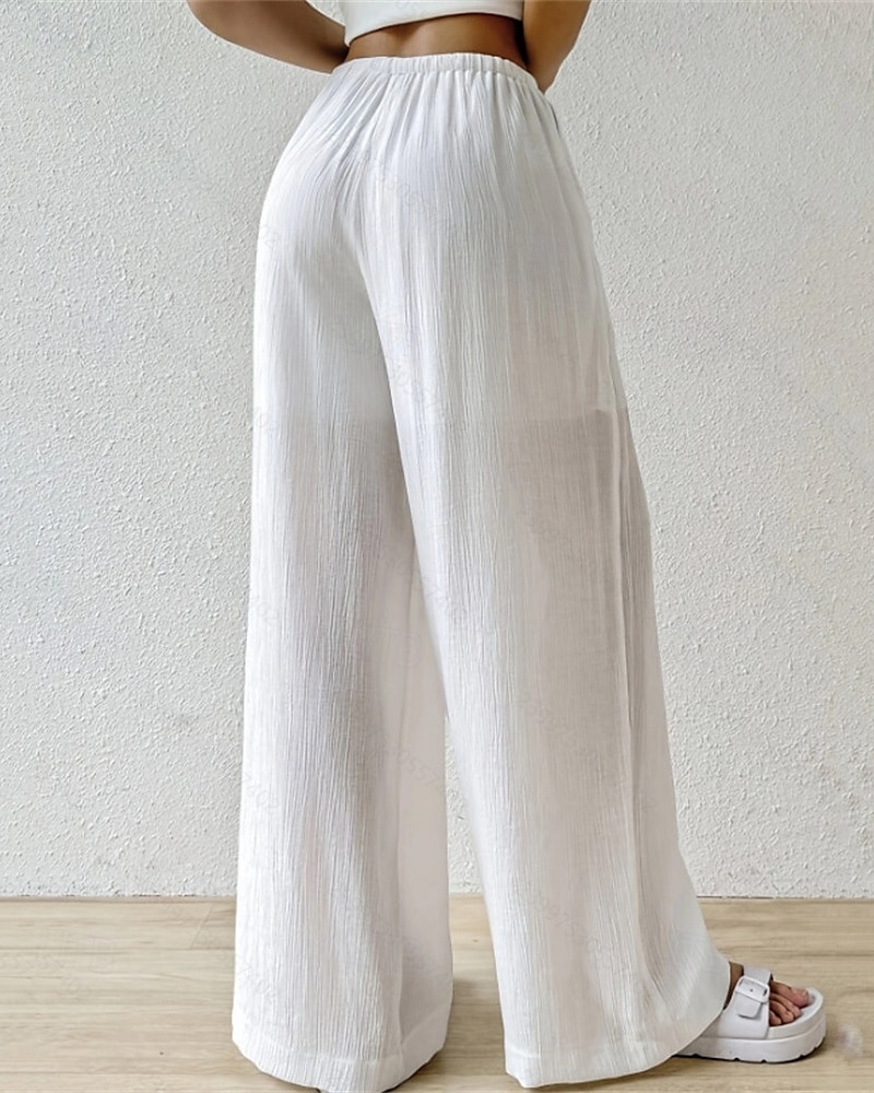 Dam Brett skaft Byxor Palazzo byxor Mode Streetwear Fullängd Hög midja Slät Elastisk midja Mateial som andas Bekväm Gata Dagliga kläder Utekväll Svart Vit Rodnande Rosa Kaki Sommar Vår Normal 2025 - $20.99 –P4