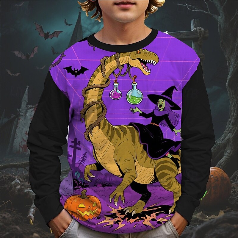 Halloween Pojkar 3D Tecknat Pumpa Dinosaurie T-shirt Långärmad Vår Höst Mode Grundläggande Barn 4-12 år Rund hals Utomhus Ledigt Dagligen Normal 2025 - $13.99 –P3