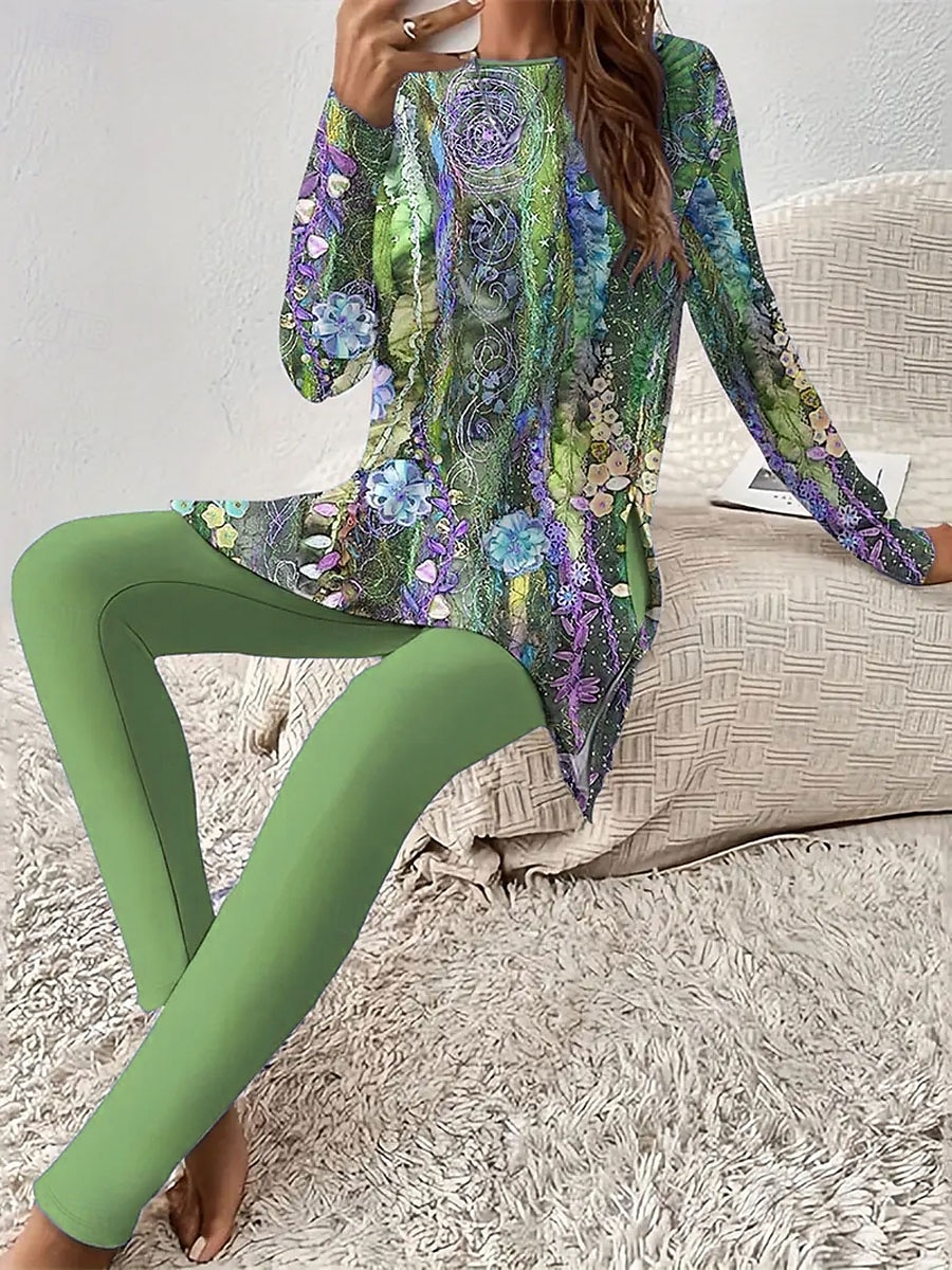 Ensemble de pyjama pour femmes Vêtements de détente Col rond Manches longues Mode décontractée Ensembles de pantalons Imprimé floral graphique Quotidien Quotidien Violet Fuchsia Vert Étriqué de 2025 ? $31.99 –P3
