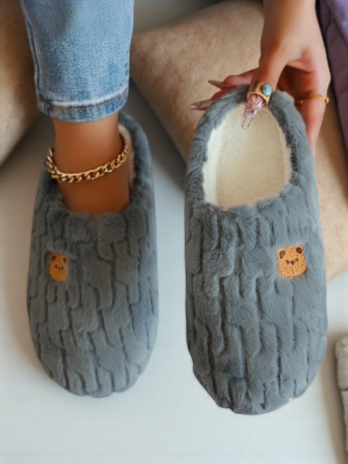 Papuci de pluș pentru femei cu desene animate și broderie cu ursuleți – pantofi moi și confortabili pentru dormitor și pentru uz casnic iarna 2025 - $18.99 –P3