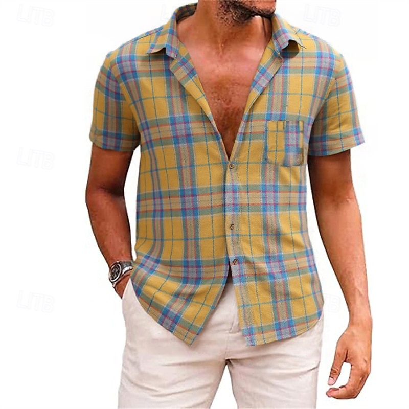 Herren Hemd Sommerhemd Freizeithemd Strandhemd Knopfhemd Gelb Rote Grün Kurzarm Karomuster Revers Urlaub Hawaiianisch Tasche Bekleidung Polyester Mode Lässig Bequem 2025 - $21.99 –P10