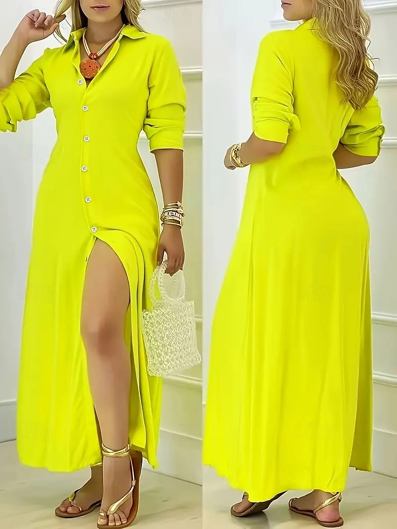 Femmes Robe Longue Maxi Robe Robe Chemise Élégant Quotidien Coupe régulière Couleur Unie manche longue Col en V Noir Blanche Jaune Bleu Automne de 2025 ? $22.99 –P7