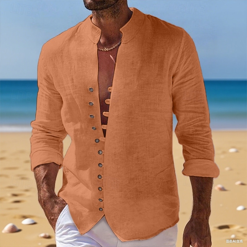 Per uomo Camicia Camicia di lino Camicia Estiva Camicia casual Camicia con Bottoni Semplice Vacanza Crociera Nero Bianco Rosa Blu Manica Lunga Colletto alla coreana Estate Primavera & Autunno del 2025 a $22.99 –P5