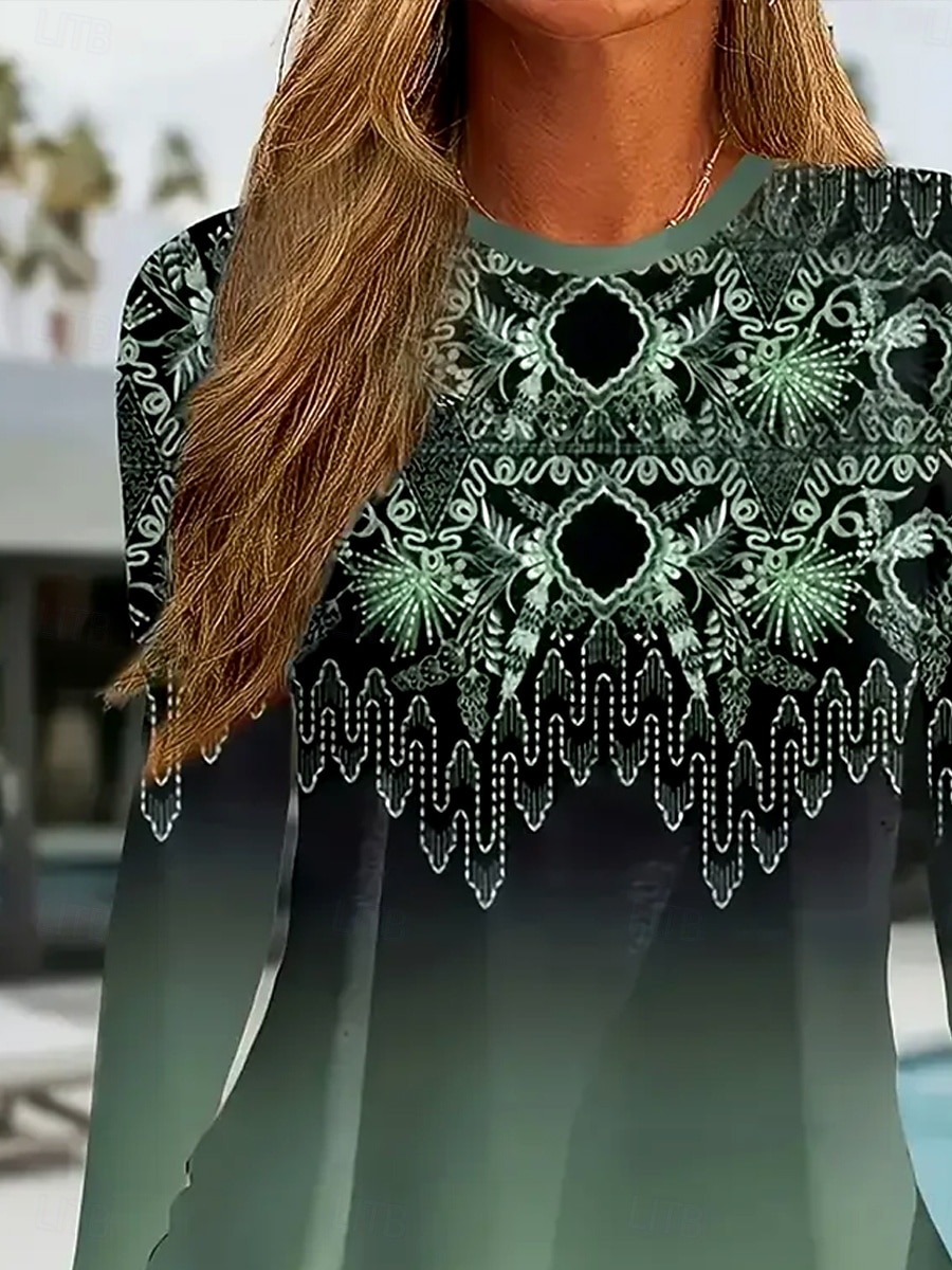 Dámské Tričko Květinový Grafika Geometrický Elegantní Vinobraní Módní Dlouhý rukáv Tričkový Kulatý Běžné topy Denní Víkend Tisk Šalvějová zeleň Jaro Podzim Zima 2025 - $22.99 –P2