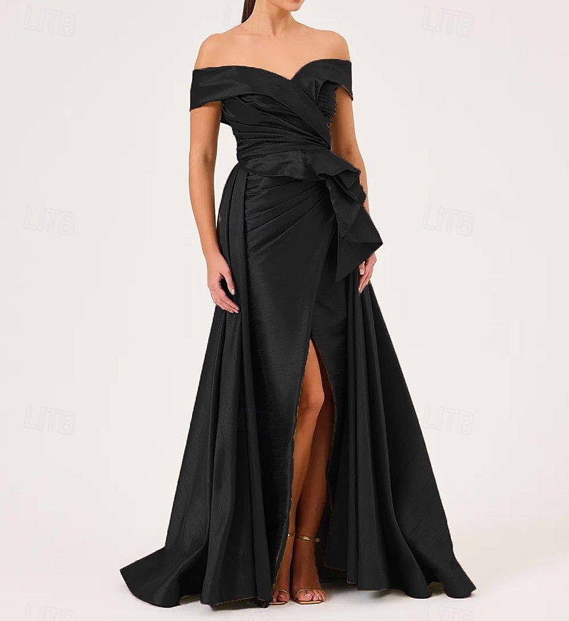 Abito da sera formale a linea A scollato con spalle scoperte taffetà elasticizzato stile celebrità abito formale matrimonio lungo fino al pavimento senza maniche con pieghe ruches e spacchi del 2025 a $159.99 –P7