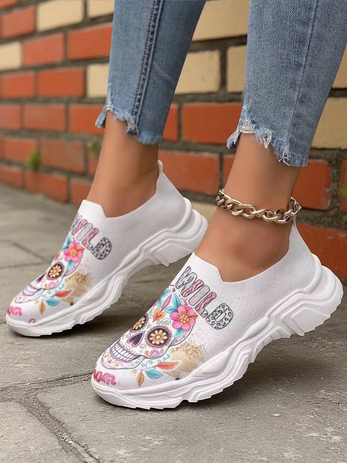Dámské flyknit nazouvací tenisky s barevným potiskem lebky – pohodlné volnočasové boty na Halloween, Den mrtvých a podzimní párty 2025 - $26.99 –P4