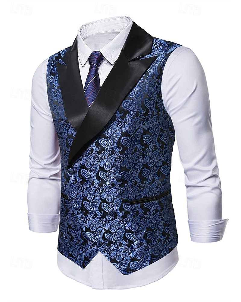 2026年 男性用 ベスト チョッキ ジレ バケーション パーティー ビジネス ファッション カジュアル 春 秋 ポケット ボタン ポリエステル 快適 ペーズリー シングルブレスト 一つボタン ピークドラペル レギュラー ロイヤルブルー ベスト  コレクション – $37.99 –P2
