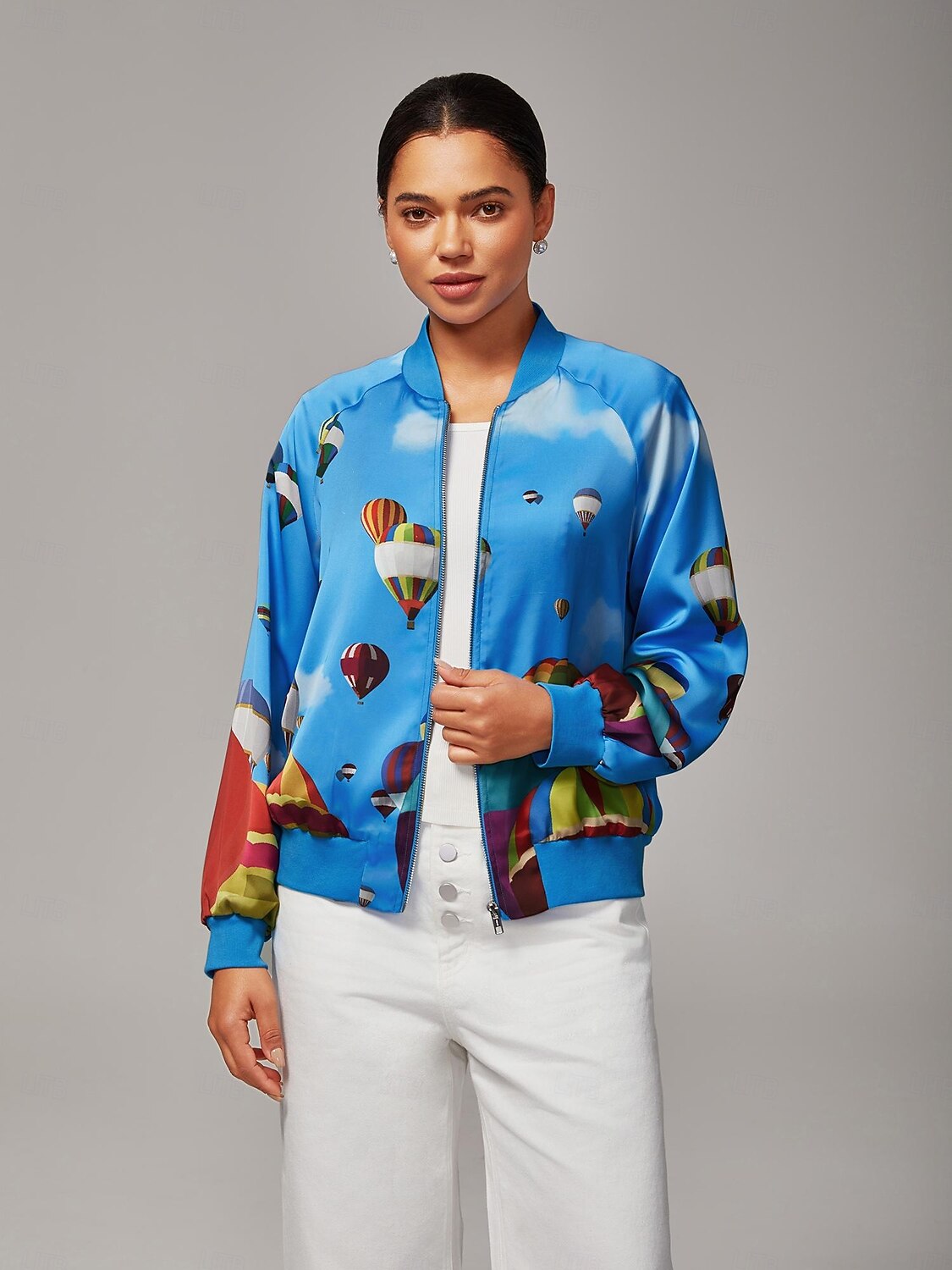 Giubbotto bomber da donna con stampa a mongolfiera, collo a coste, foderato, elegante, casual, da indossare tutti i giorni, da lavoro, autunno del 2025 a $78.99 –P1