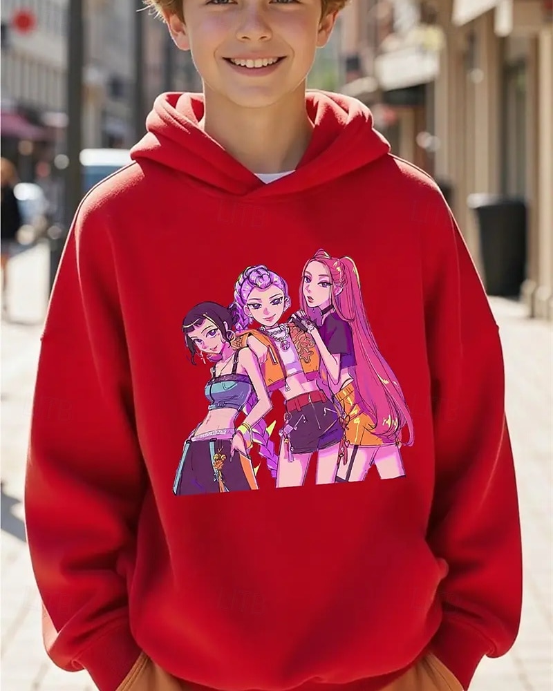 Kpop Demon Hunters pojkhuvtröja med grafisk design - långärmad, avslappnad tröja med livfullt anime-tryck för höst/vinter, perfekt för vardagskläder eller speciella tillfällen. Kpop-huvtröja 2025 - $18.99 –P4