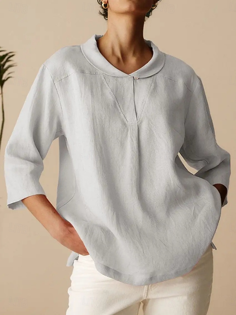 Per donna Camicie di cotone e lino Semplice Quotidiano Moderno Manica 3/4 Colletto a Camicia Top Regolari Quotidiano Bottoni Nero Arancione Marrone Cachi Grigio Estate Primavera Autunno del 2025 a $19.99 –P9