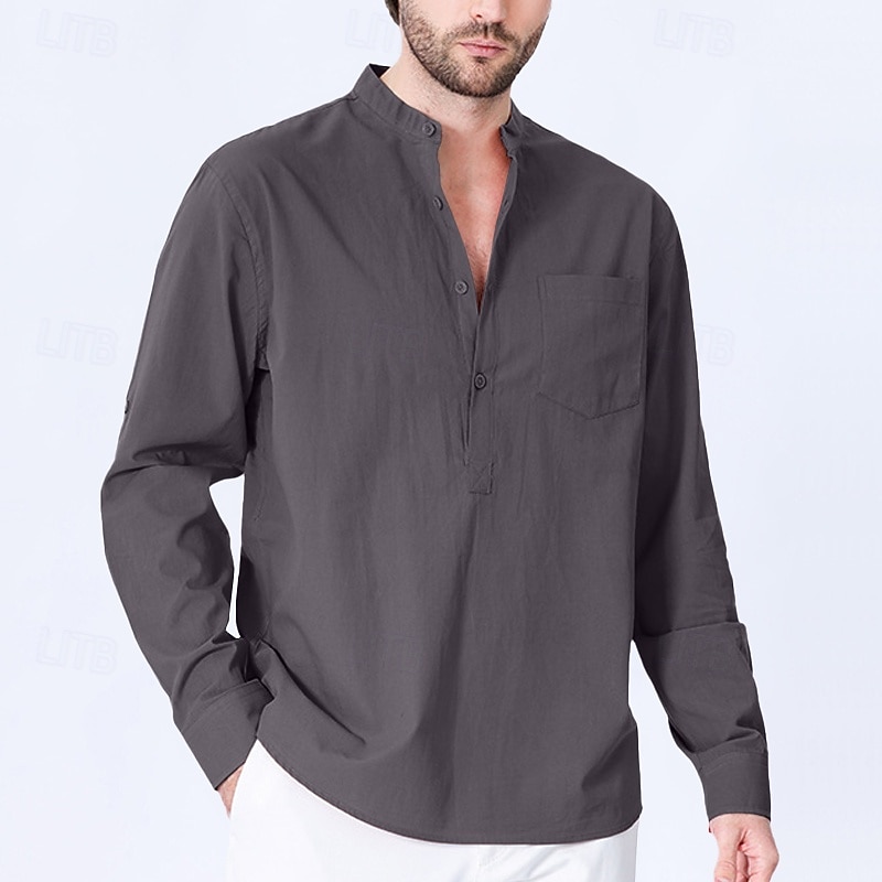 Herren Hemd Stehkragenhemd Popover-Hemd Freizeithemd Schwarz Rote Grün Kaki Hellgrau Langarm Einfarbig Henley Party Ausgehen Fronttasche Bekleidung Mode Sport & Outdoor 2025 - $23.99 –P3