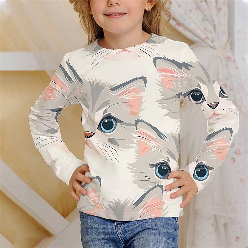 Flickor 3D Djur Katt T-shirt Långärmad Vår Höst Mode Grundläggande Barn 4-12 år Rund hals Utomhus Ledigt Dagligen Normal 2025 - $13.99 –P4