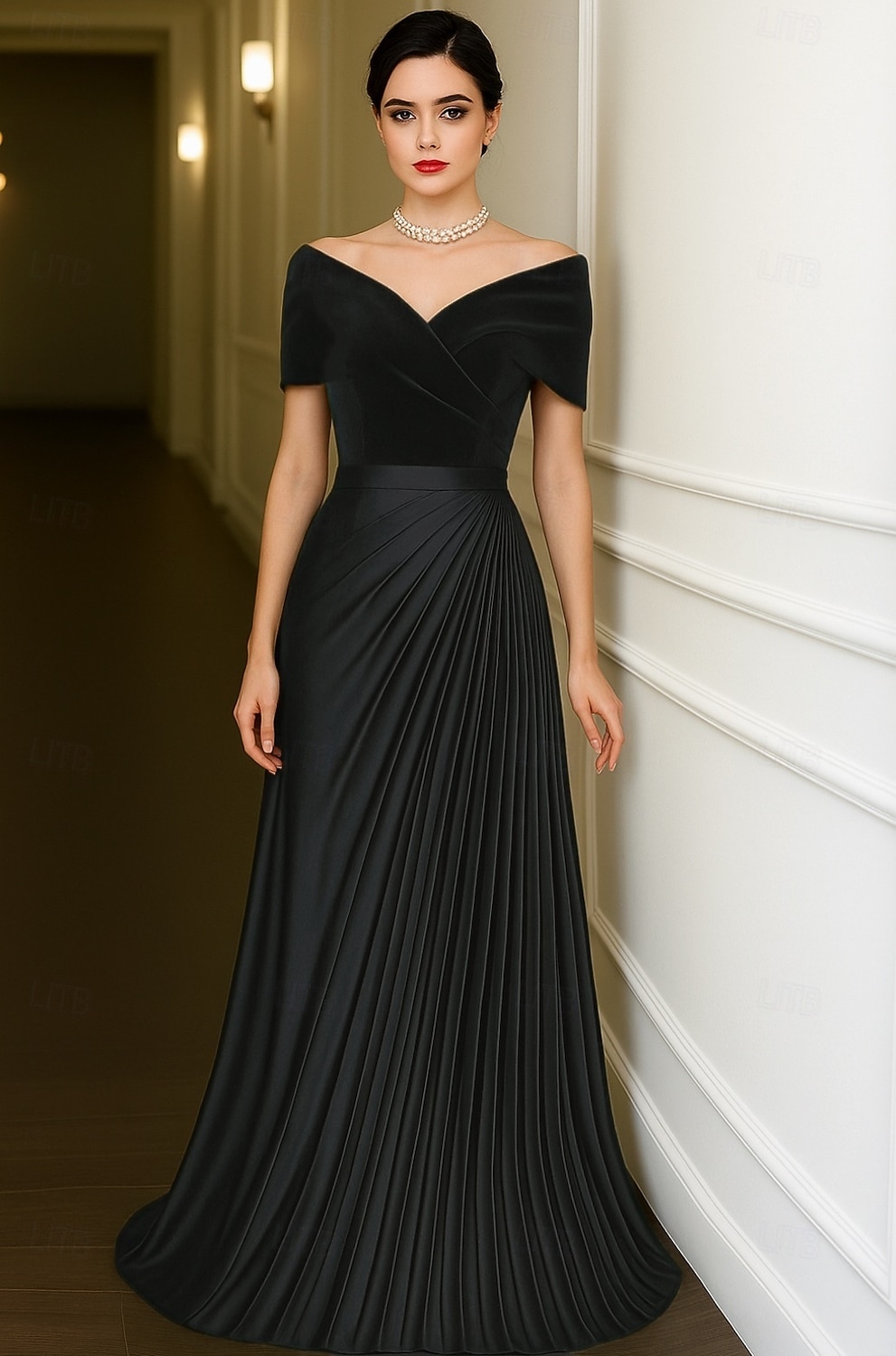 Green Black Velvet A-Line Evening Gown Elegant Dress Formal Wedding Floor Length Short Sleeve Off Shoulder Satin with Pleats 2025 2025 - $149.99 –P3