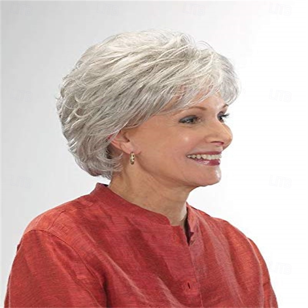 Perruques courtes en cheveux gris argentés mélangées à une perruque bouclée de style lutin avec frange, cheveux naturels à usage quotidien de 2025 ? $21.99 –P2