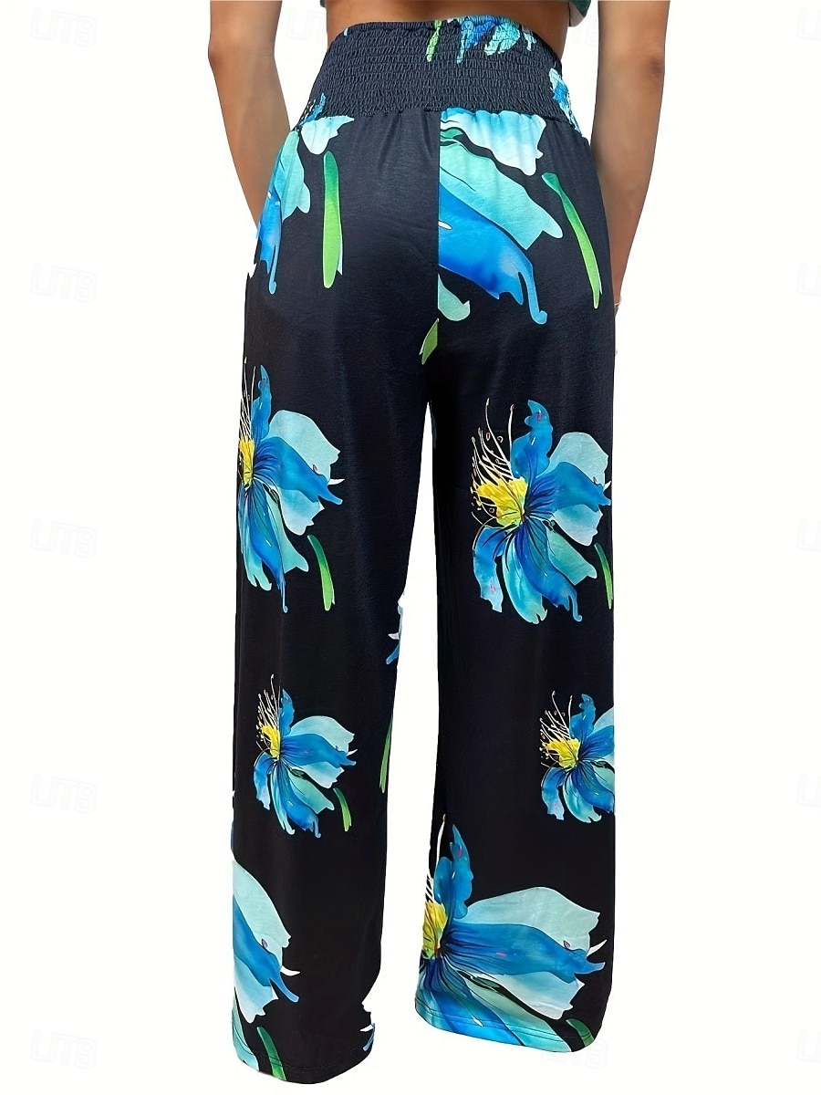 Per donna Pantaloni in cotone e lino Gamba larga Chinos Vacanza Moda Casual Lunghezza intera Vita Alta Floreale Tasca Fascia Elastica Stampato Comodo Morbido Confortevole Micro-elastico All'aperto del 2025 a $19.99 –P8