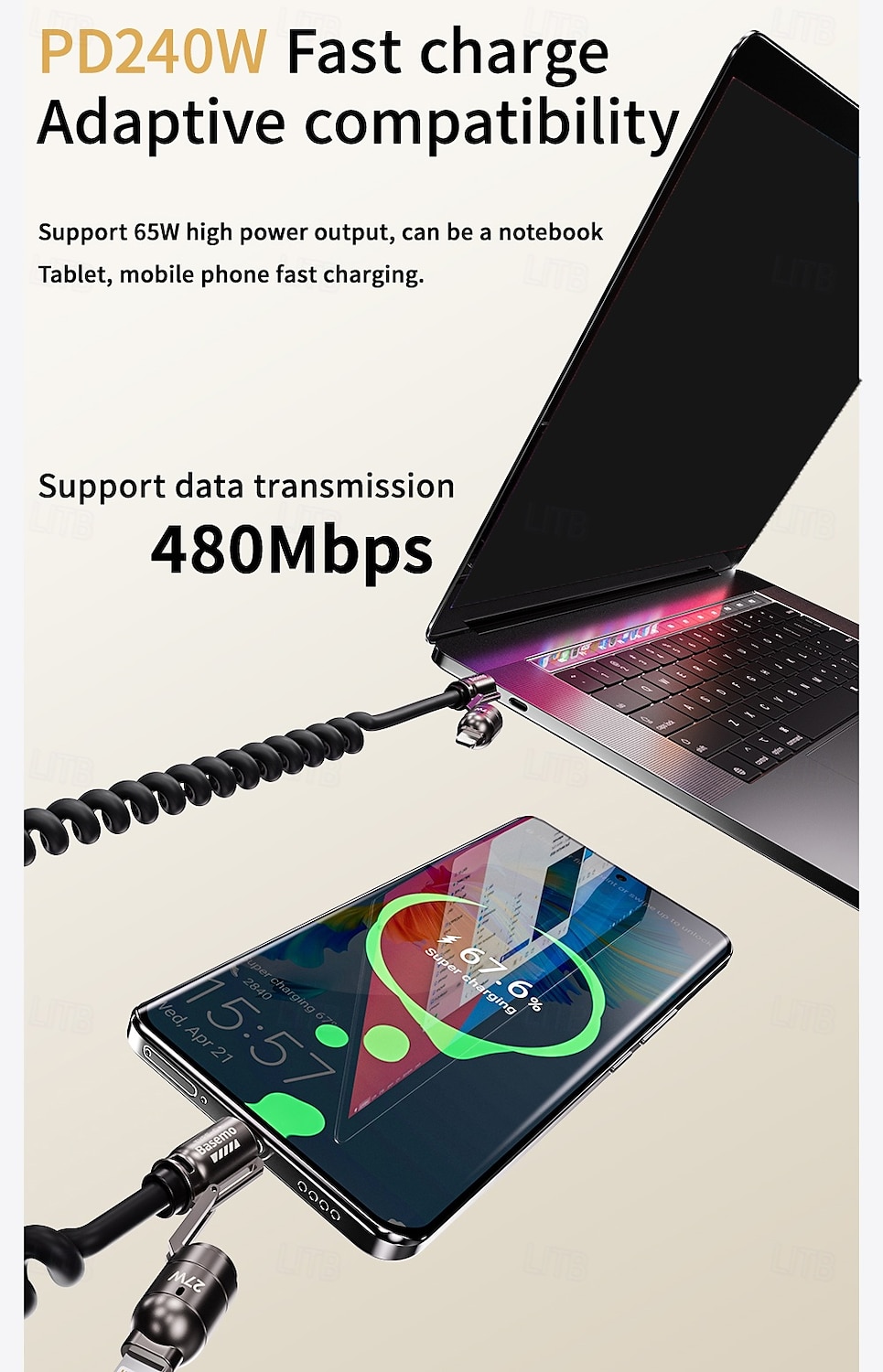 Cabo de carregamento super rápido com tela de 240 W, cabo de dados com mola para iPhone, Huawei, Xiaomi, Samsung, cabo de carregamento 4 em 1 tipo C para tipo C de 2025 por $14.99 –P6