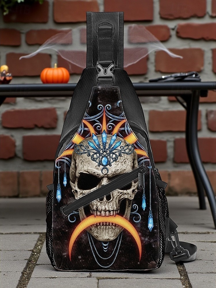 Męska torba typu crossbody z motywem czaszki na Halloween od Sarah Richter – inspirowana stylem vintage czaszka z pomarańczowymi akcentami, wyjątkowa sztuka na imprezy halloweenowe, festiwale i codzienne stylizacje 2025 - $24.99 –P1