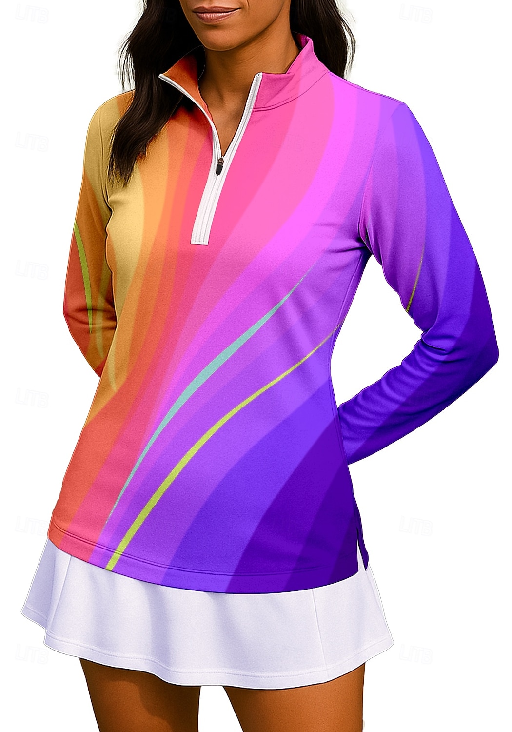 Dames Verloop Gestreept Hemd Sportshirt Wandelen poloshirt Tennisshirt Lange mouw Vetoketju Bloemig UPF50+ UV-bestendig Hoge Elasticiteit Vochtregelerend Ademend Volleybal Tennis Golf Opstaand Rits 2026 - $25.99 –P1