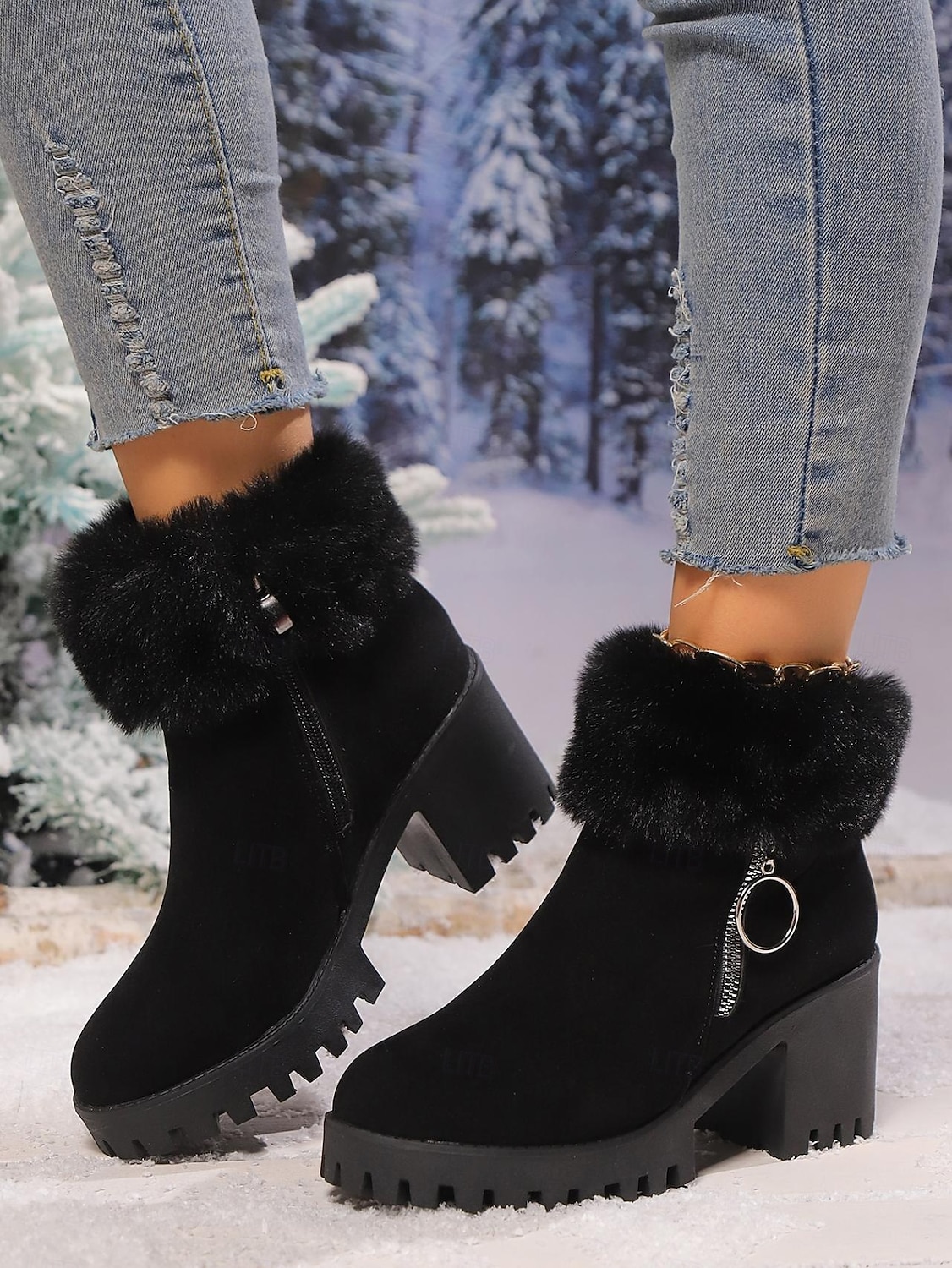 Bottines en daim gris pour femme, doublées de fourrure, chaudes, à talon épais et semelle crantée, avec fermeture éclair latérale pour l'hiver de 2025 ? $29.99 –P4