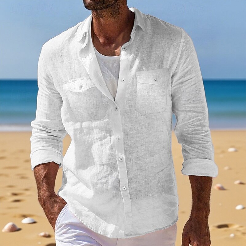Per uomo Camicia Camicia di lino Camicia Estiva Abbigliamento da spiaggia Camicia con Bottoni Camicia cargo Tinta unica Vacanza Ferie Bianco Blu Verde Cachi Manica Lunga Bavero Estate Abbigliamento del 2026 a $26.99 –P6