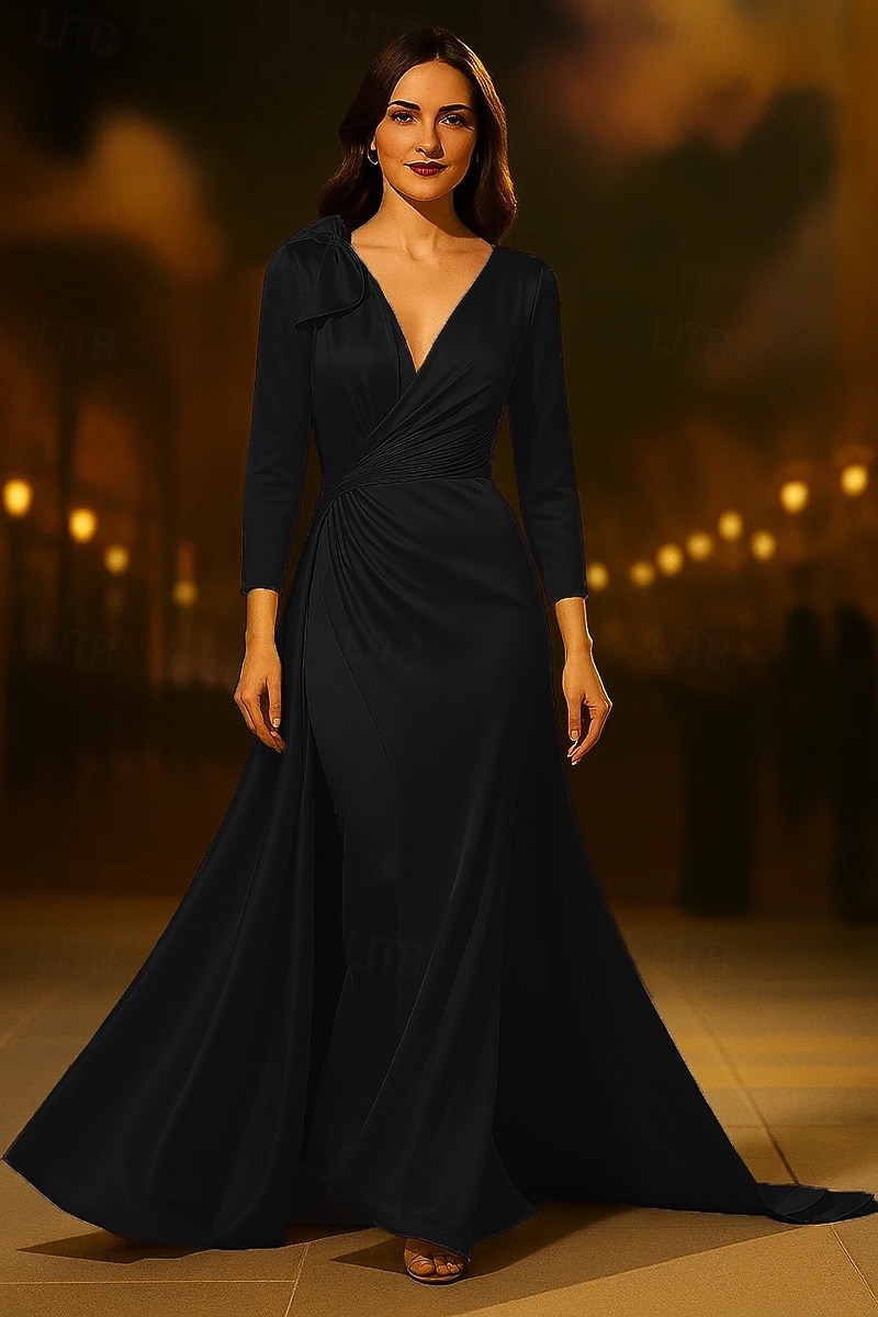 Robe de soirée trapèze dorée élégante, robe de mariée formelle, traîne courte, manches 3/4, col en V, satin avec nœud(s) froncé(s), 2025 de 2025 ? $155.99 –P5