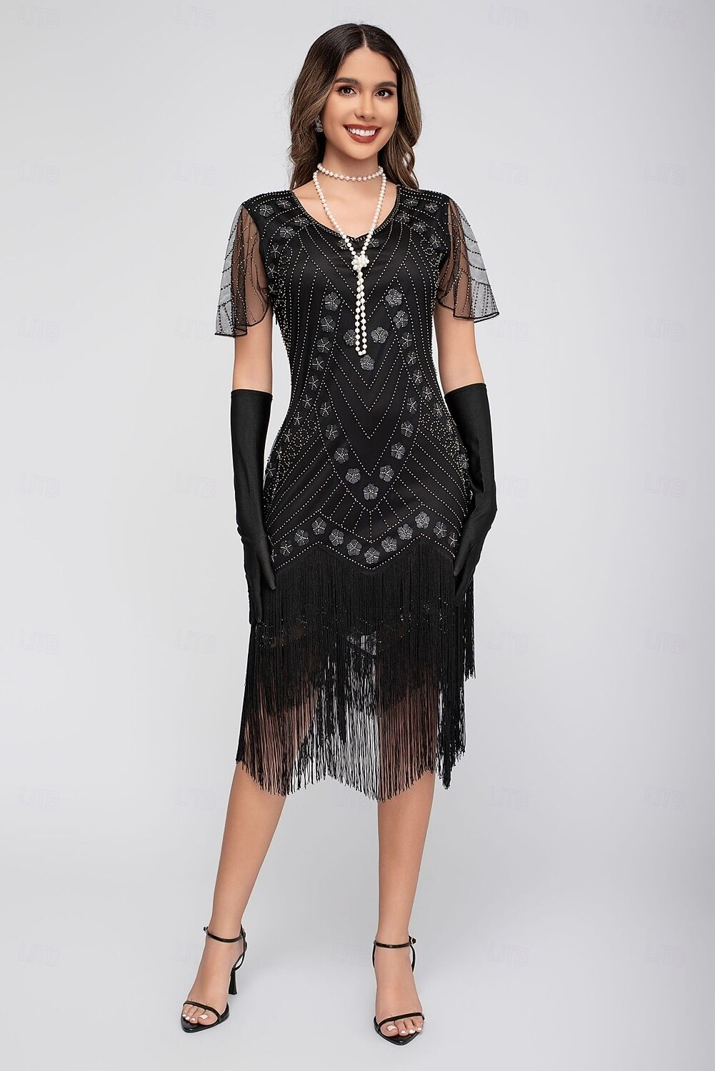 Rugido 20s 1920s Hasta la Rodilla Vestido Flapper Mangas cortas El gran Gatsby Chica de la aleta Lentejuelas Franja Funda Columna Escote en Pico Disfraz Mujer Navidad Carnaval Fiesta de Noche Boda 2026 - $46.99 –P6