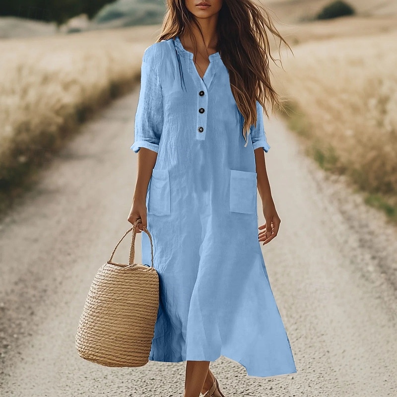 Per donna Abito Midi Abito Camicia Abito in cotone e lino Classico Moderno All'aperto Vacanza Uscire Vestibilità regolare Semplice Manica Lunga Scollo a V Nero Viola Arancione Azzurro Autunno del 2025 a $24.99 –P2